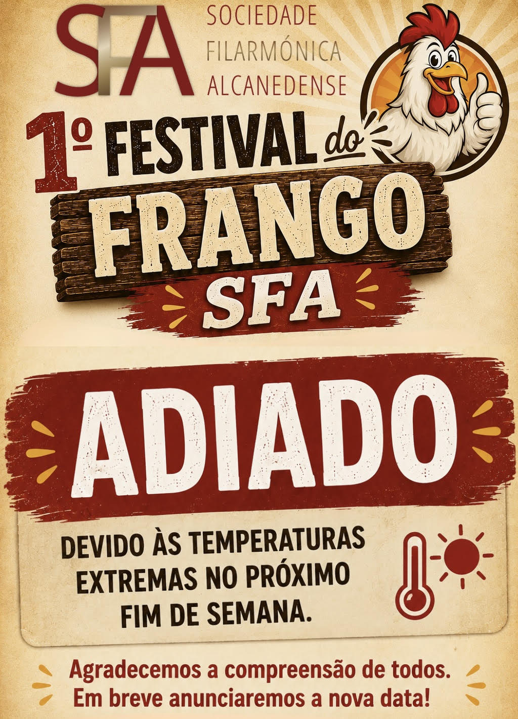 Cartaz do 1.º Festival do Frango SFA — adiado, data a definir